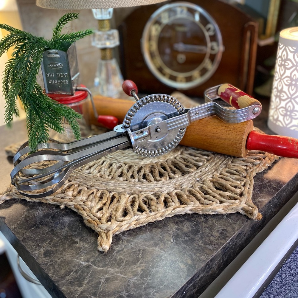 Vintage Trio Handheld Egg Beater, Rolling Pin and Nut Grinder with Red Handles